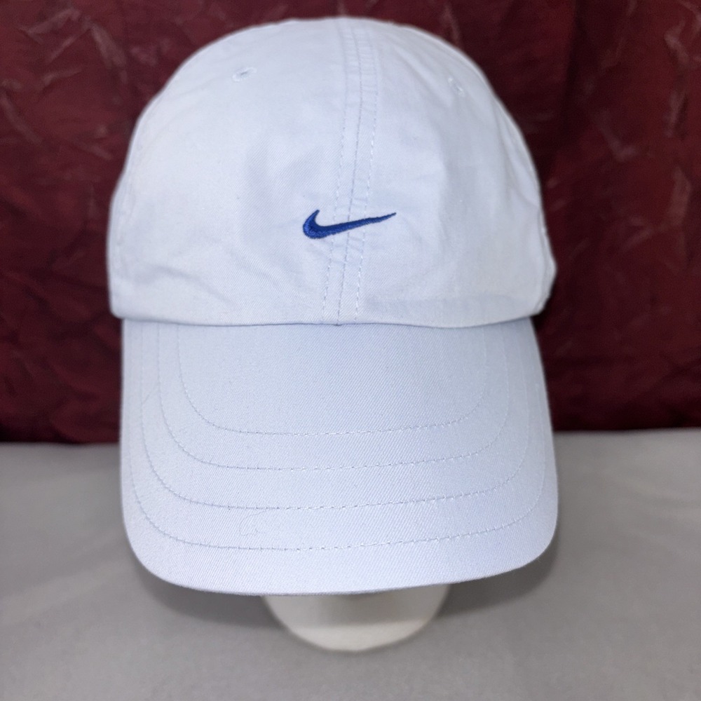 Vtg Nike Light Blue Poly/Cotton Hook & Loop Strap Silver Tag Blue Swoosh Hat/Cap